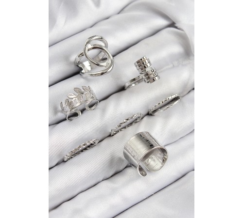 Pirinç Yaprak Model Gümüş Renk Kadın Yüzük Kombin Set - TJ-BYK3818