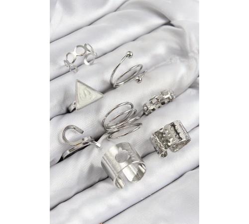 Pirinç Üçgen Model Gümüş Renk Kadın Yüzük Kombin Set - TJ-BYK3820