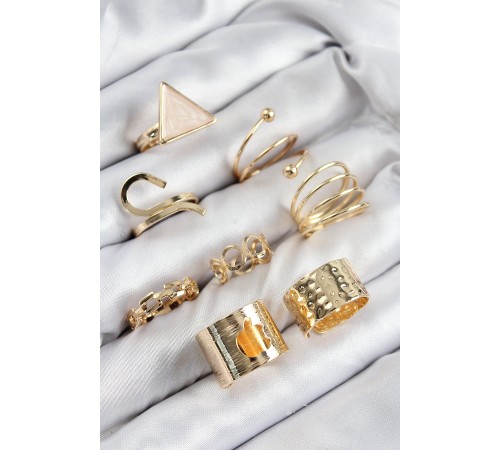 Pirinç Üçgen Model Gold Renk Kadın Yüzük Kombin Set - TJ-BYK3821