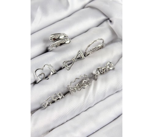 Pirinç Zirkon Taşlı Fiyonk Ve Kalp Model Gümüş Renk Kadın Yüzük Kombin Set - TJ-BYK3822