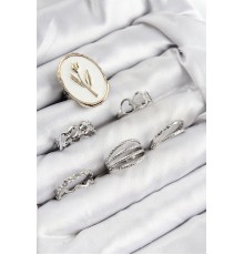 Pirinç Zirkon Taşlı Lale Model Gümüş Renk Kadın Yüzük Kombin Set - TJ-BYK3824