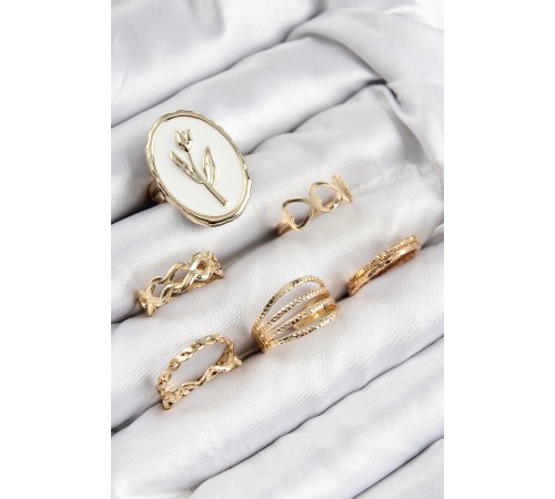 Pirinç Zirkon Taşlı Lale Model Gold Renk Kadın Yüzük Kombin Set - TJ-BYK3825