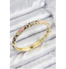 Mineli Pirinç Zirkon Taşlı Pembe Mor Çiçek Motifli Gold Kadın Kelepçe - TJ-BB7750