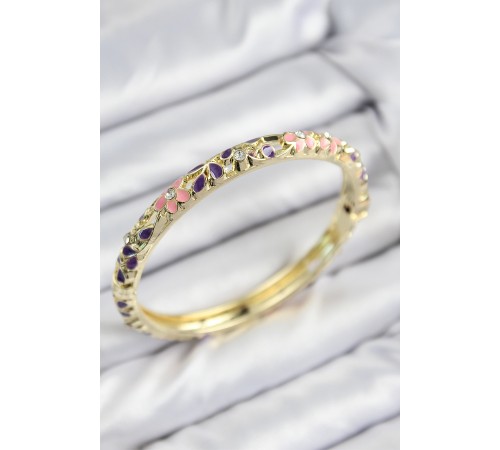 Mineli Pirinç Zirkon Taşlı Pembe Mor Çiçek Motifli Gold Kadın Kelepçe - TJ-BB7750