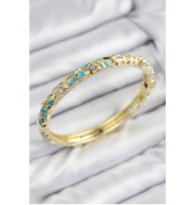 Mineli Pirinç Zirkon Taşlı Turkuaz Krem Çiçek Motifli Gold Kadın Kelepçe - TJ-BB7751