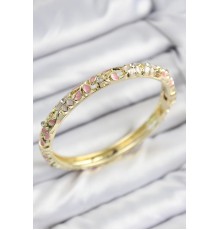 Mineli Pirinç Zirkon Taşlı Pembe Çiçek Motifli Gold Kadın Kelepçe - TJ-BB7754