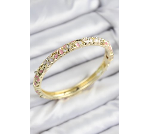 Mineli Pirinç Zirkon Taşlı Pembe Çiçek Motifli Gold Kadın Kelepçe - TJ-BB7754