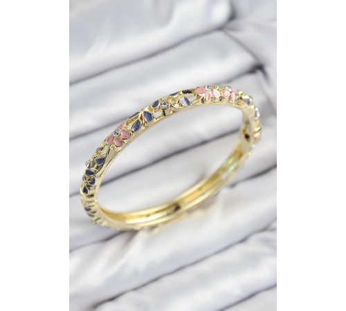 Mineli Pirinç Zirkon Taşlı Pembe Mor Çiçek Motifli Gold Kadın Kelepçe - TJ-BB7755