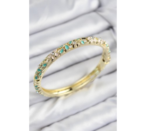 Mineli Pirinç Zirkon Taşlı Turkuaz Çiçek Motifli Gold Kadın Kelepçe - TJ-BB7756