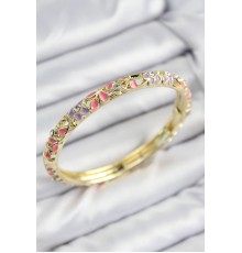 Mineli Pirinç Zirkon Taşlı Pembe Mor Çiçek Motifli Gold Kadın Kelepçe - TJ-BB7757