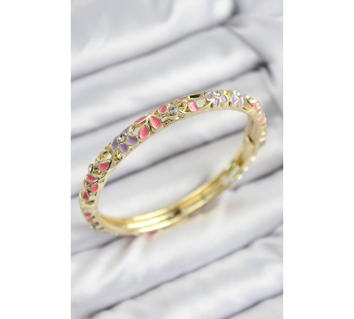 Mineli Pirinç Zirkon Taşlı Pembe Mor Çiçek Motifli Gold Kadın Kelepçe - TJ-BB7757