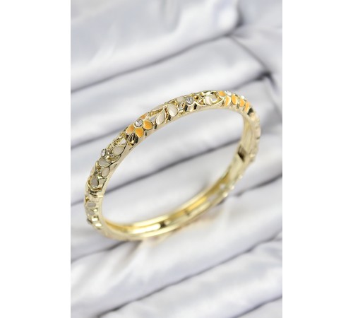 Mineli Pirinç Zirkon Taşlı Sarı Krem Çiçek Motifli Gold Kadın Kelepçe - TJ-BB7758