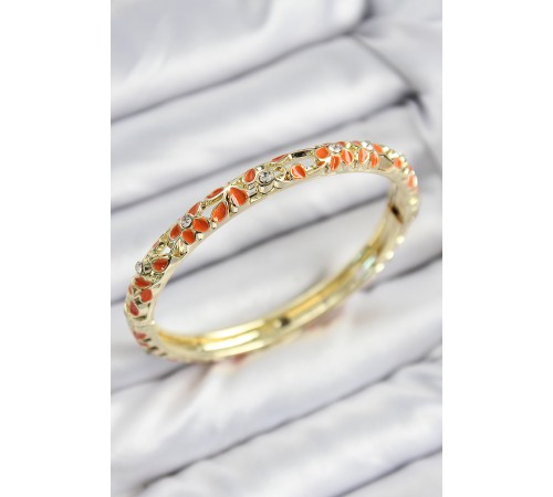 Mineli Pirinç Zirkon Taşlı Turuncu Çiçek Motifli Gold Kadın Kelepçe - TJ-BB7761