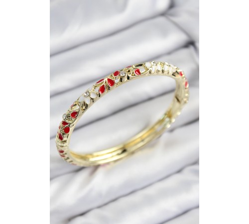 Mineli Pirinç Zirkon Taşlı Kırmızı Çiçek Motifli Gold Kadın Kelepçe - TJ-BB7762