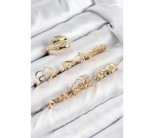 Pirinç Zirkon Taşlı Fiyonk Ve Kalp Model Gold Renk Kadın Yüzük Kombin Set - TJ-BYK3823