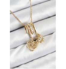316L Çelik Zirkon Taşlı Sallantılı Kalp Ve Güneş Model Gold Renk Kadın Kolye - TJ-BKO10478