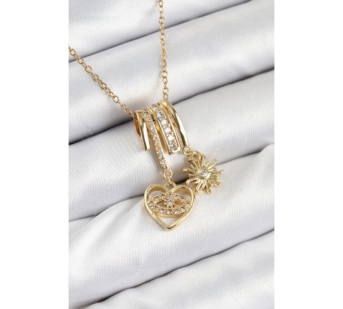 316L Çelik Zirkon Taşlı Sallantılı Kalp Ve Güneş Model Gold Renk Kadın Kolye - TJ-BKO10478