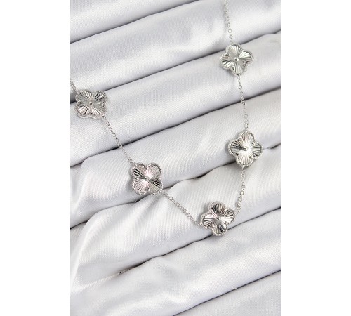 Pirinç VIP Yonca Model Gümüş Renk Kadın Kolye - TJ-BKO10483