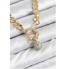 Pirinç Zirkon Taşlı Nazar Boncuk Detaylı Klasik Zincir Model Gold Renk Kadın Kolye - TJ-BKO10482