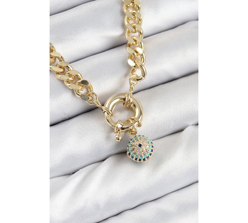 Pirinç Zirkon Taşlı Nazar Boncuk Detaylı Klasik Zincir Model Gold Renk Kadın Kolye - TJ-BKO10482