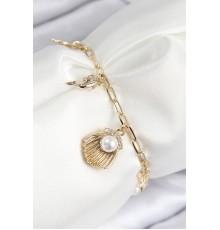 Pirinç Zirkon Taşlı İncili İstiridye Model Gold Renk Kadın Bileklik - TJ-BB7774