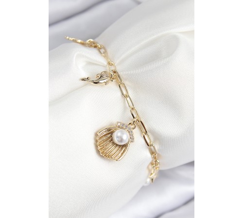 Pirinç Zirkon Taşlı İncili İstiridye Model Gold Renk Kadın Bileklik - TJ-BB7774