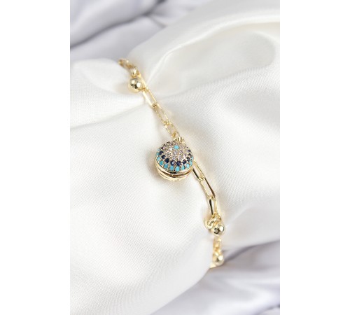 Pirinç Zirkon Taşlı Nazar Boncuğu Model Gold Renk Kadın Bileklik - TJ-BB7775