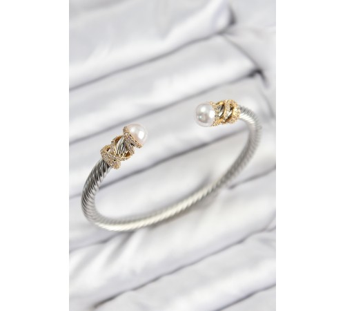 316L Çelik Zirkon Taşlı İnci Model Gold Ve Gümüş Renk Kadın Bileklik - TJ-BB7778