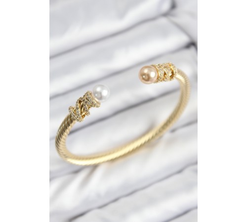 316L Çelik Zirkon Taşlı İnci Model Gold Renk Kadın Bileklik - TJ-BB7779