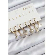 Pirinç Zirkon Taşlı İstiridye Balina Ve Yıldız Gold Renk 6'lı Küpe Set - TJ-BKP11203