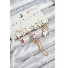 Pirinç Zirkon Taşlı Sallantılı Ve İncili Gold Renk 6'lı Küpe Set - TJ-BKP11204