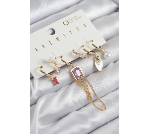 Pirinç Zirkon Taşlı Sallantılı Ve İncili Gold Renk 6'lı Küpe Set - TJ-BKP11204
