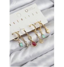 Pirinç Zirkon Taşlı Sallantılı Model Gold Renk 6'lı Küpe Set - TJ-BKP11205