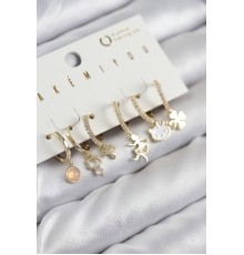 Pirinç Zirkon Taşlı Hello Kity Ve Yonca Model Gold Renk 6'lı Küpe Set - TJ-BKP11206
