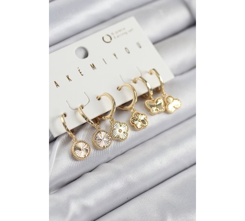 Pirinç Zirkon Taşlı Yonca Model Gold Renk 6'lı Küpe Set - TJ-BKP11207
