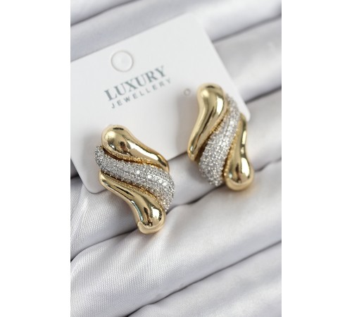 Pirinç Zirkon Taşlı Kıvrım Model Gold Renk Kadın Küpe - TJ-BKP11210