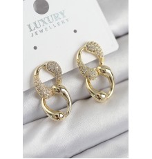 Pirinç Zirkon Taşlı Zincir Model Gold Renk Kadın Küpe - TJ-BKP11211