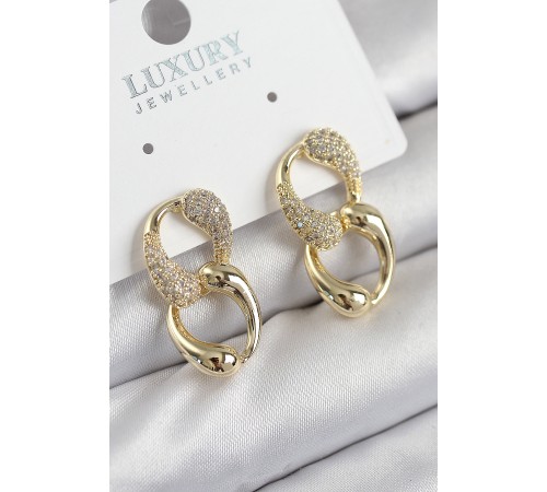 Pirinç Zirkon Taşlı Zincir Model Gold Renk Kadın Küpe - TJ-BKP11211