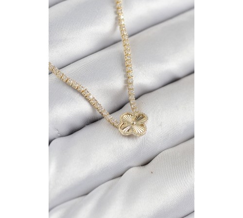 Pirinç Zirkon Taşlı Yonca Model Gold Renk Kadın Kolye - TJ-BKO10490