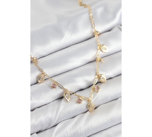 Pirinç Zirkon Taşlı Sallantılı Damla Model Gold Renk Kadın Kolye - TJ-BKO10492