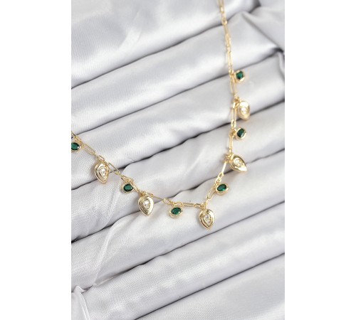 Pirinç Zirkon Taşlı Sallantılı Damla Model Gold Renk Kadın Kolye - TJ-BKO10493