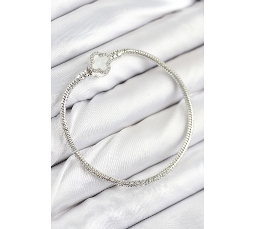 Pirinç Charm Zirkon Taşlı Yonca Model Gümüş Renk Kadın Bileklik - TJ-BB7799