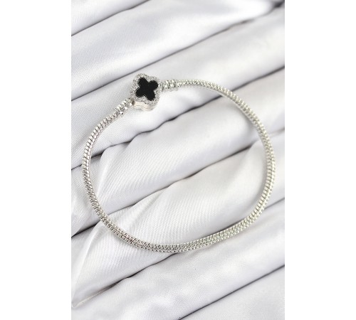 Pirinç Charm Zirkon Taşlı Yonca Model Gümüş Renk Kadın Bileklik - TJ-BB7800