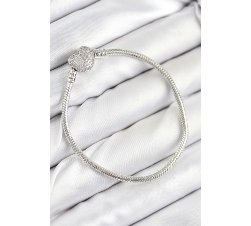 Pirinç Charm Zirkon Taşlı Kalp Model Gümüş Renk Kadın Bileklik - TJ-BB7803