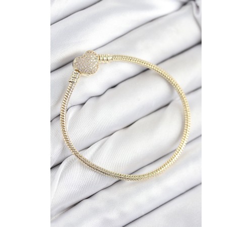 Pirinç Charm Zirkon Taşlı Kalp Model Gold Renk Kadın Bileklik - TJ-BB7809