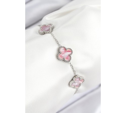 316L Çelik Sedefli Pembe Gümüş Renk Yonca Kadın Bileklik - TJ-BB7812