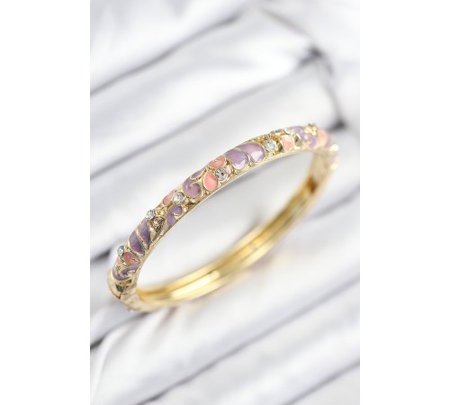 Mineli Pirinç Zirkon Taşlı Pembe Mor Çiçek Motifli Gold Kadın Kelepçe - TJ-BB7814