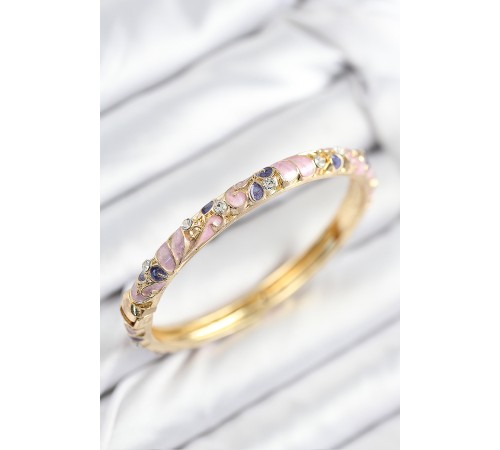 Mineli Pirinç Zirkon Taşlı Fuşya Mor Çiçek Motifli Gold Kadın Kelepçe - TJ-BB7815