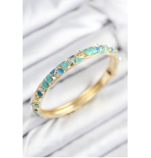 Mineli Pirinç Zirkon Taşlı Turkuaz Mavi Çiçek Motifli Gold Kadın Kelepçe - TJ-BB7816