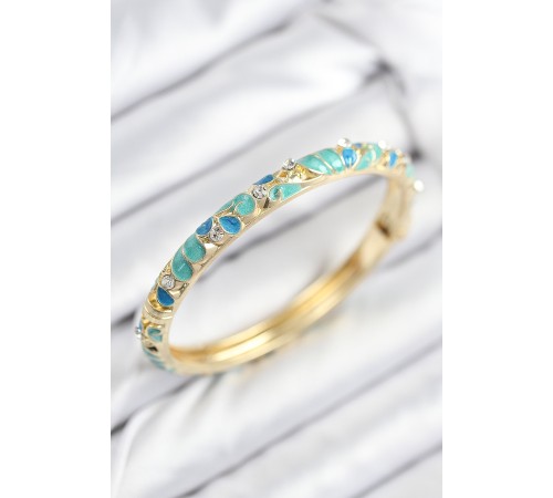 Mineli Pirinç Zirkon Taşlı Turkuaz Mavi Çiçek Motifli Gold Kadın Kelepçe - TJ-BB7816